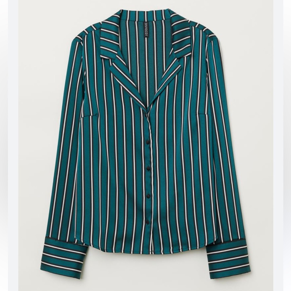 H&M Green White and Black Striped Satin Button Down Blouse